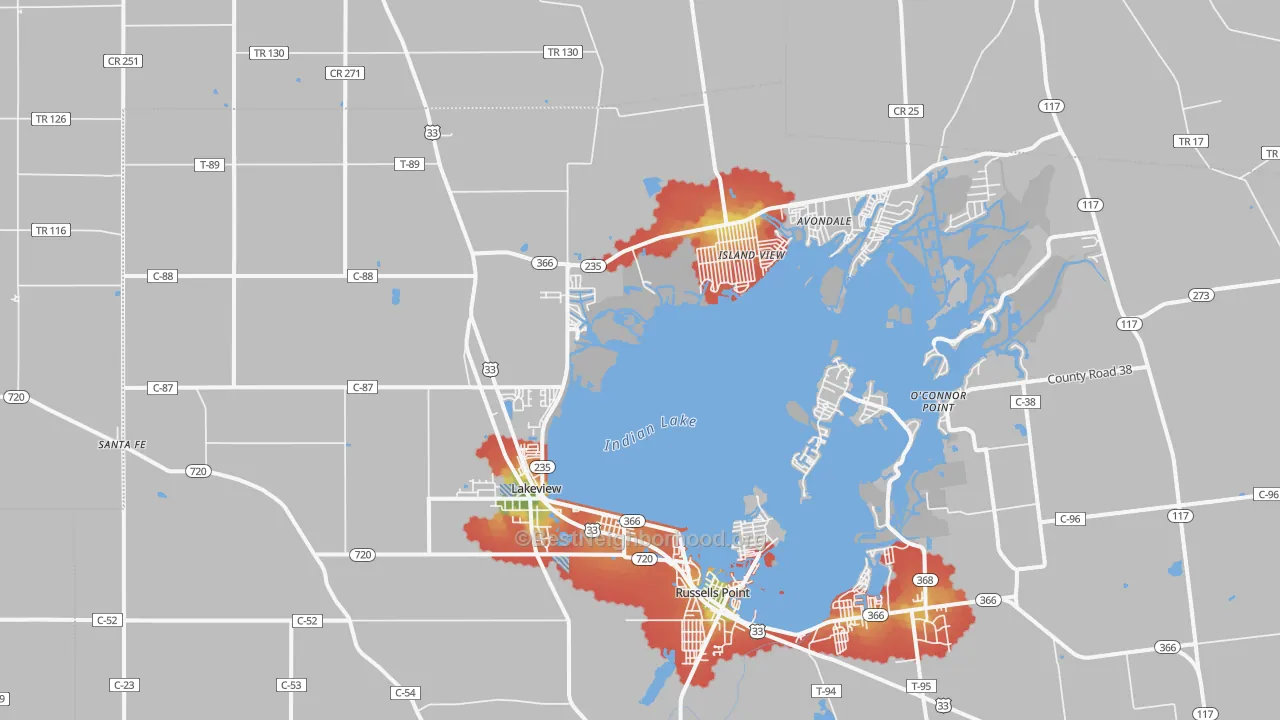 Walk Grade map of Lakeview, OH, walkable areas in green and car-dependent areas in red