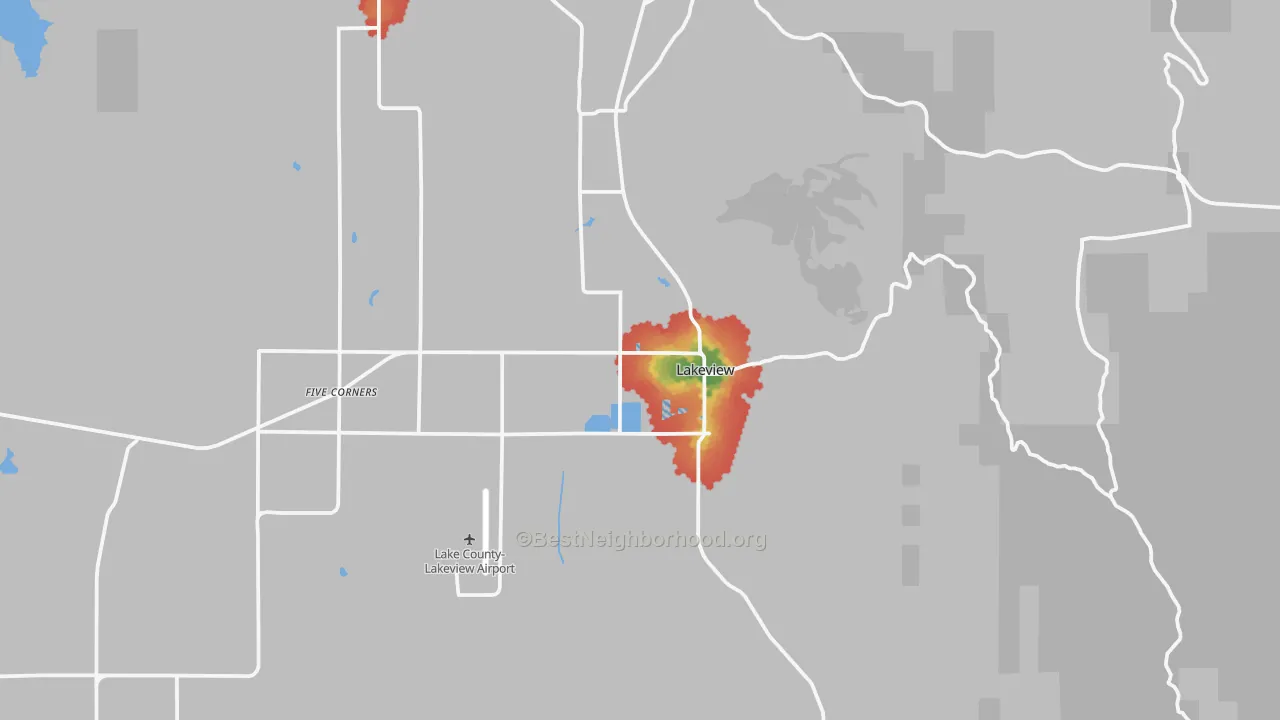 Walk Grade map of Lakeview, OR, walkable areas in green and car-dependent areas in red