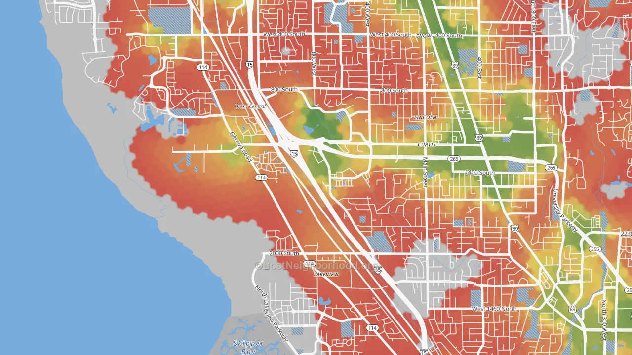 Walk Grade map of Lakeview, Orem, UT, walkable areas in green and car-dependent areas in red
