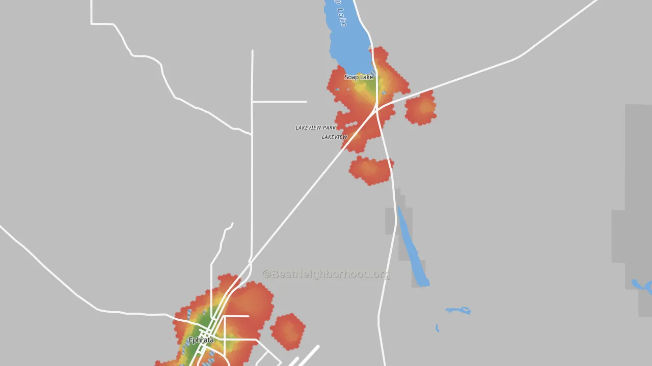 Walk Grade map of Lakeview Park, WA, walkable areas in green and car-dependent areas in red