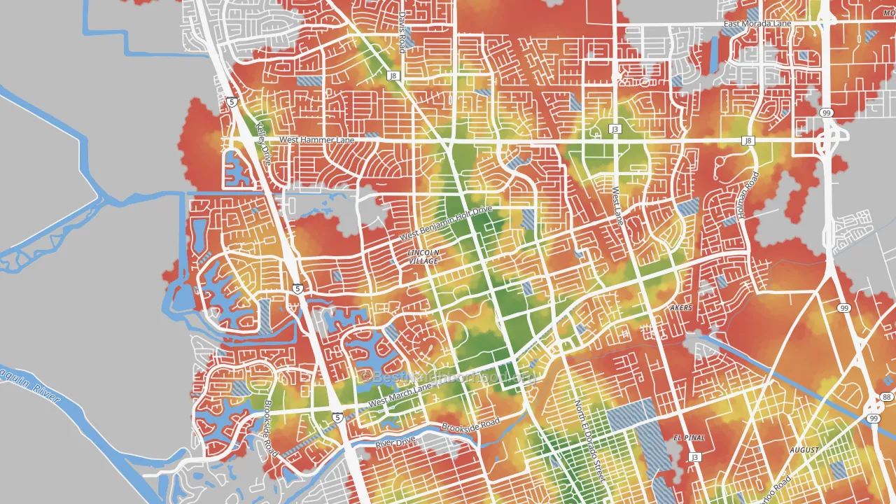 Walk Grade map of Lakeview, Stockton, CA, walkable areas in green and car-dependent areas in red