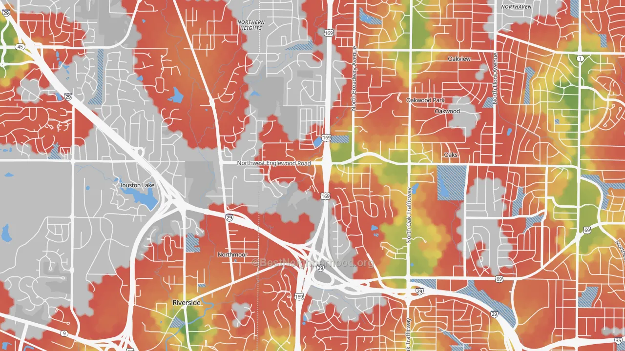 Walk Grade map of Lakeview Terrace, Kansas City, MO, walkable areas in green and car-dependent areas in red