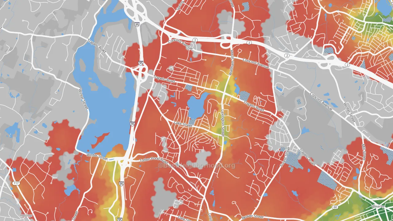 Walk Grade map of Lakeview, Waltham, MA, walkable areas in green and car-dependent areas in red