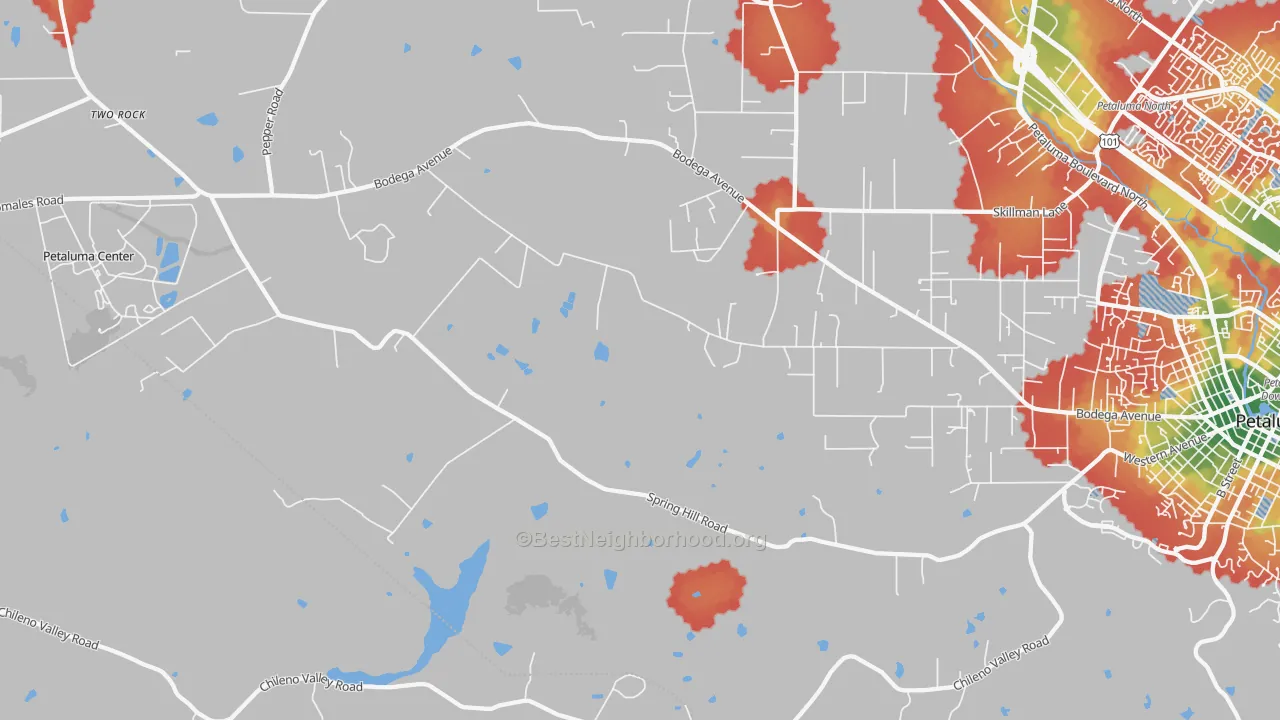 Walk Grade map of Lakeville, CA, walkable areas in green and car-dependent areas in red