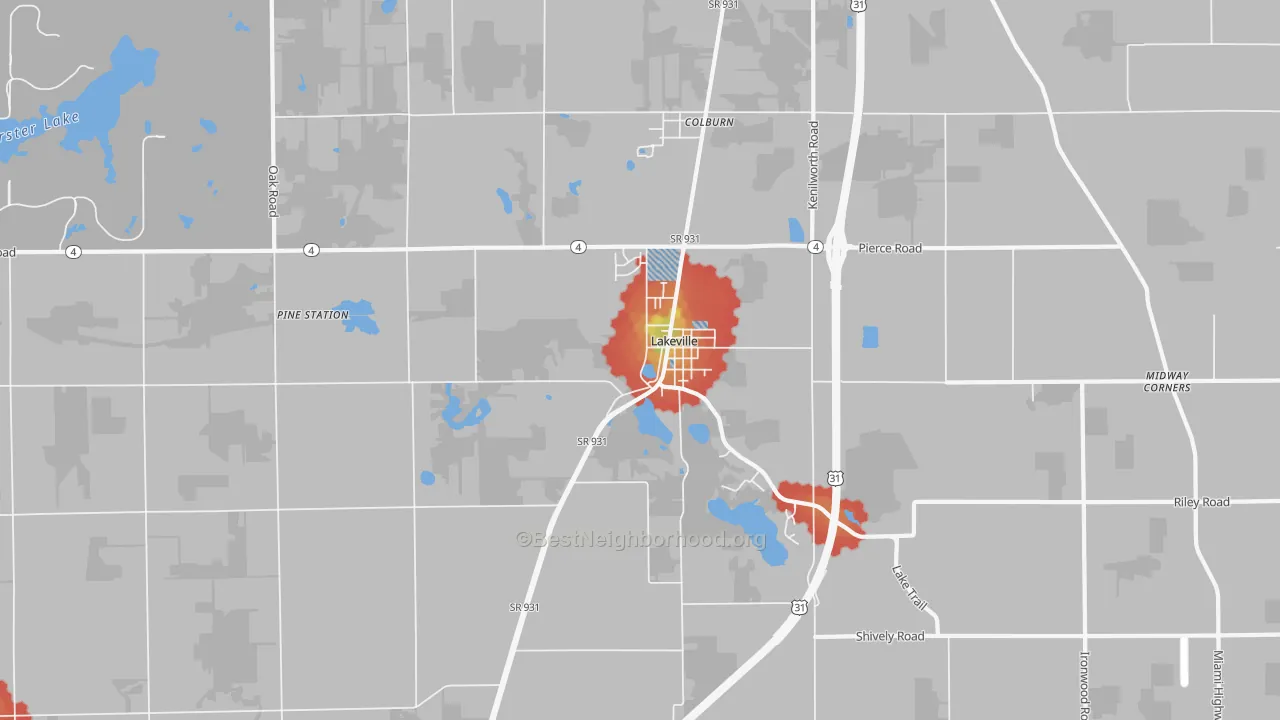 Walk Grade map of Lakeville, IN, walkable areas in green and car-dependent areas in red