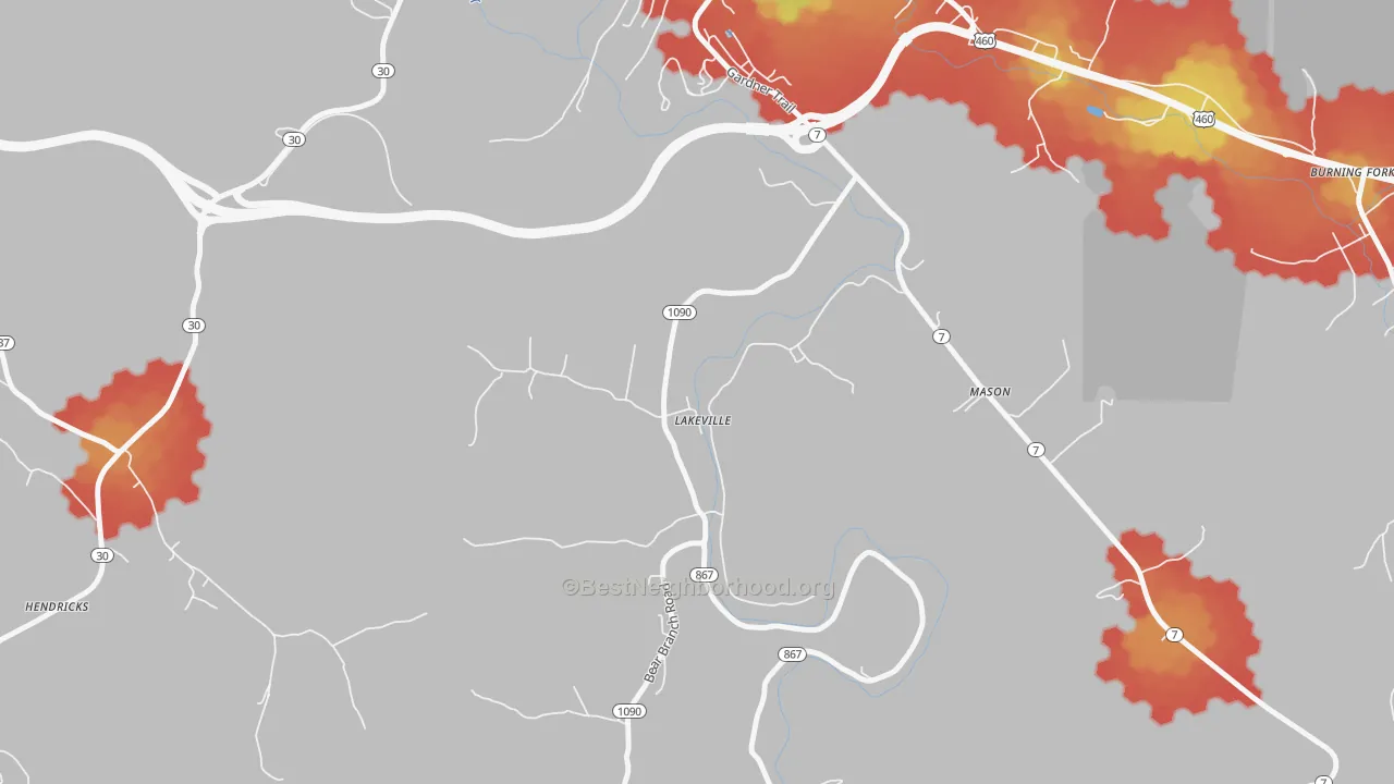 Walk Grade map of Lakeville, KY, walkable areas in green and car-dependent areas in red