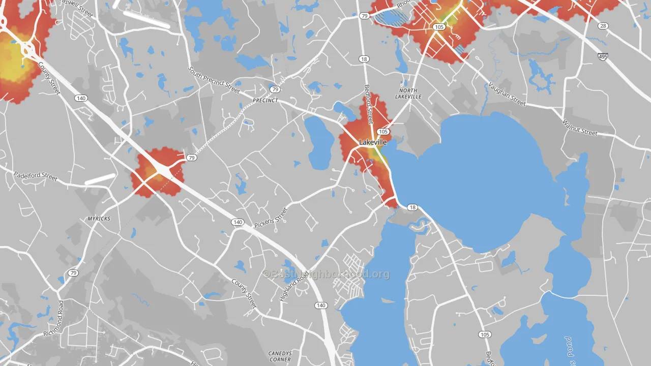 Walk Grade map of Lakeville, MA, walkable areas in green and car-dependent areas in red