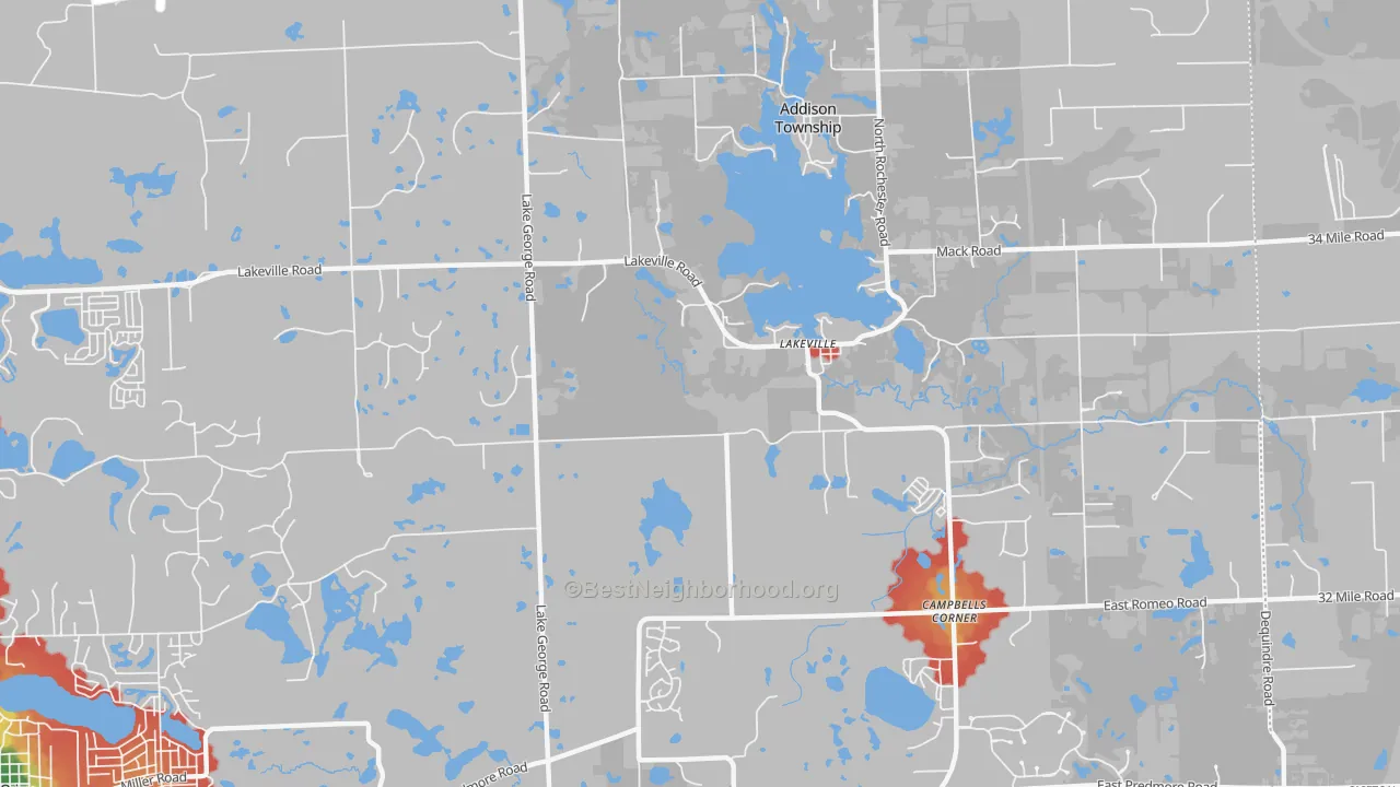 Walk Grade map of Lakeville, MI, walkable areas in green and car-dependent areas in red