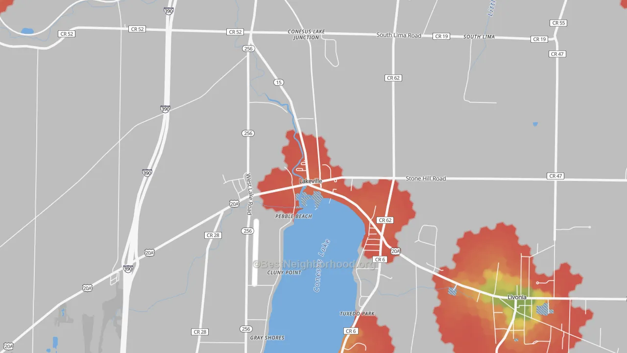 Walk Grade map of Lakeville, NY, walkable areas in green and car-dependent areas in red