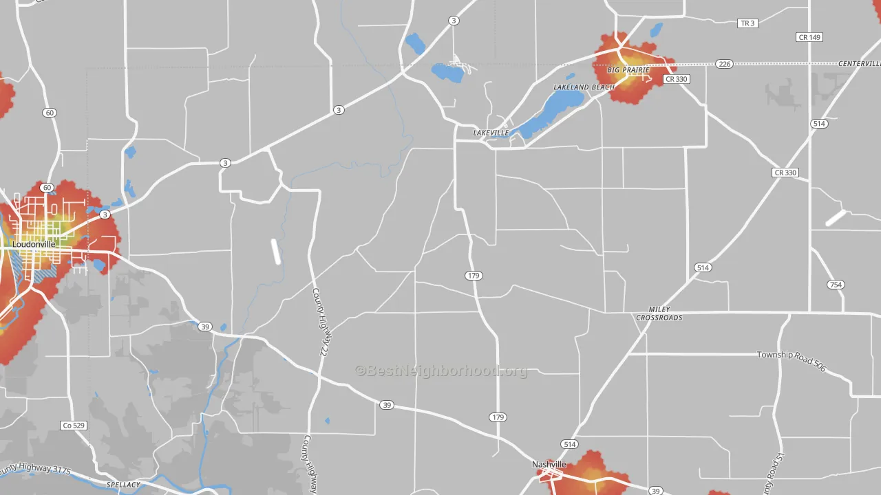 Walk Grade map of Lakeville, OH, walkable areas in green and car-dependent areas in red