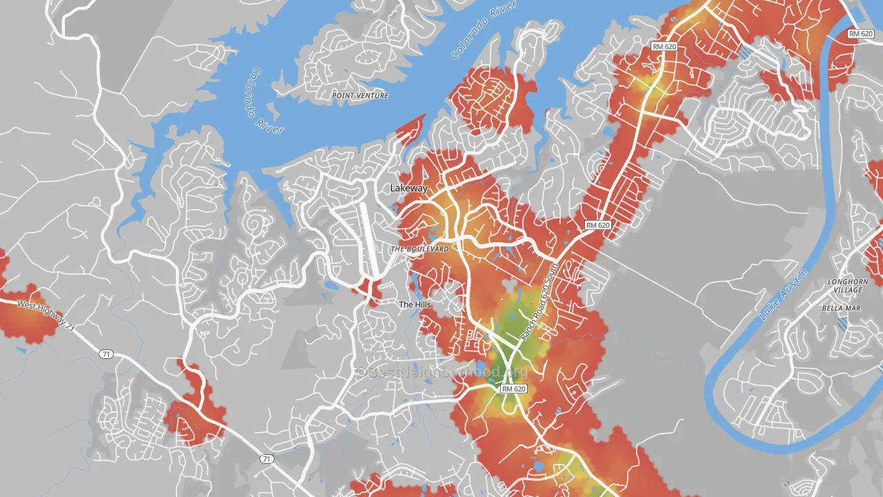 Walk Grade map of Lakeway, TX, walkable areas in green and car-dependent areas in red