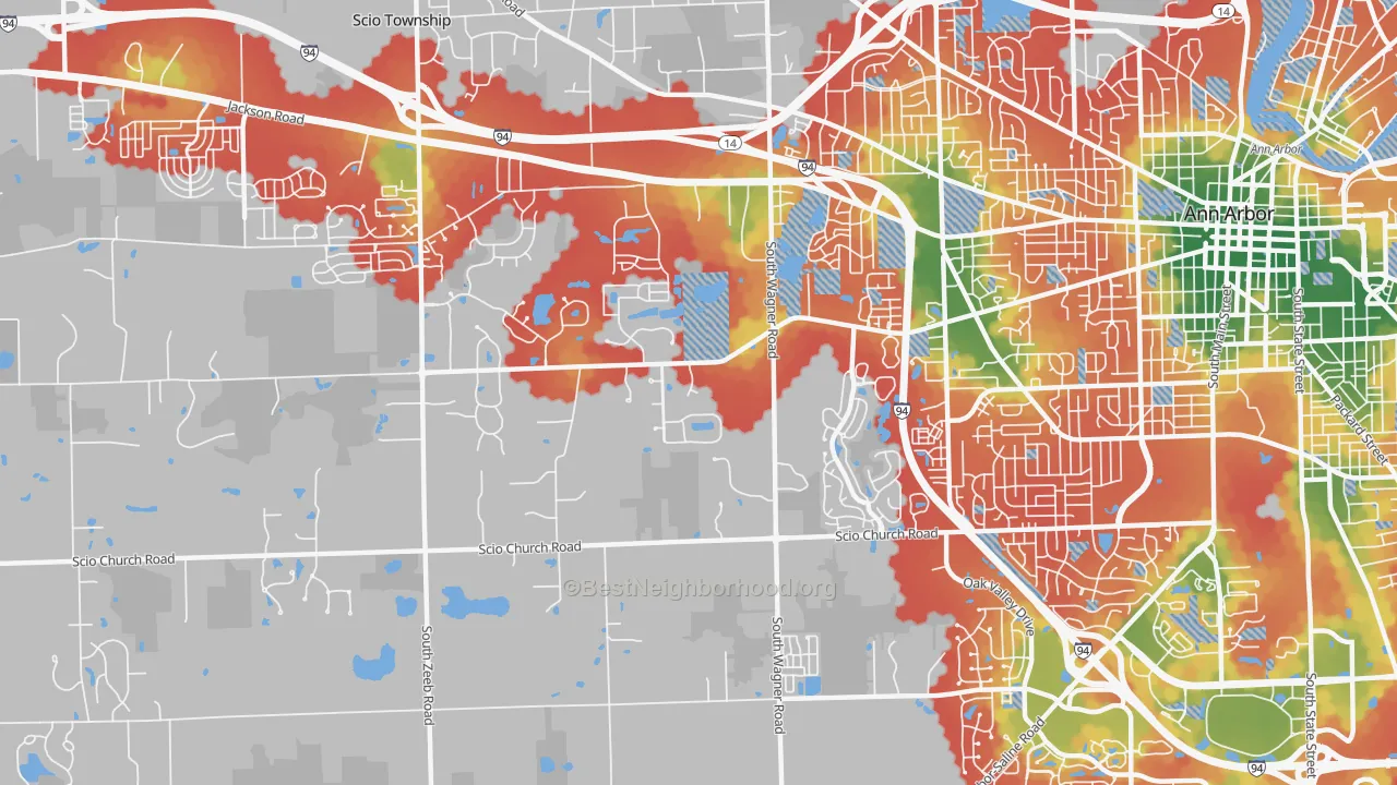 Walk Grade map of Lakewood, Ann Arbor, MI, walkable areas in green and car-dependent areas in red