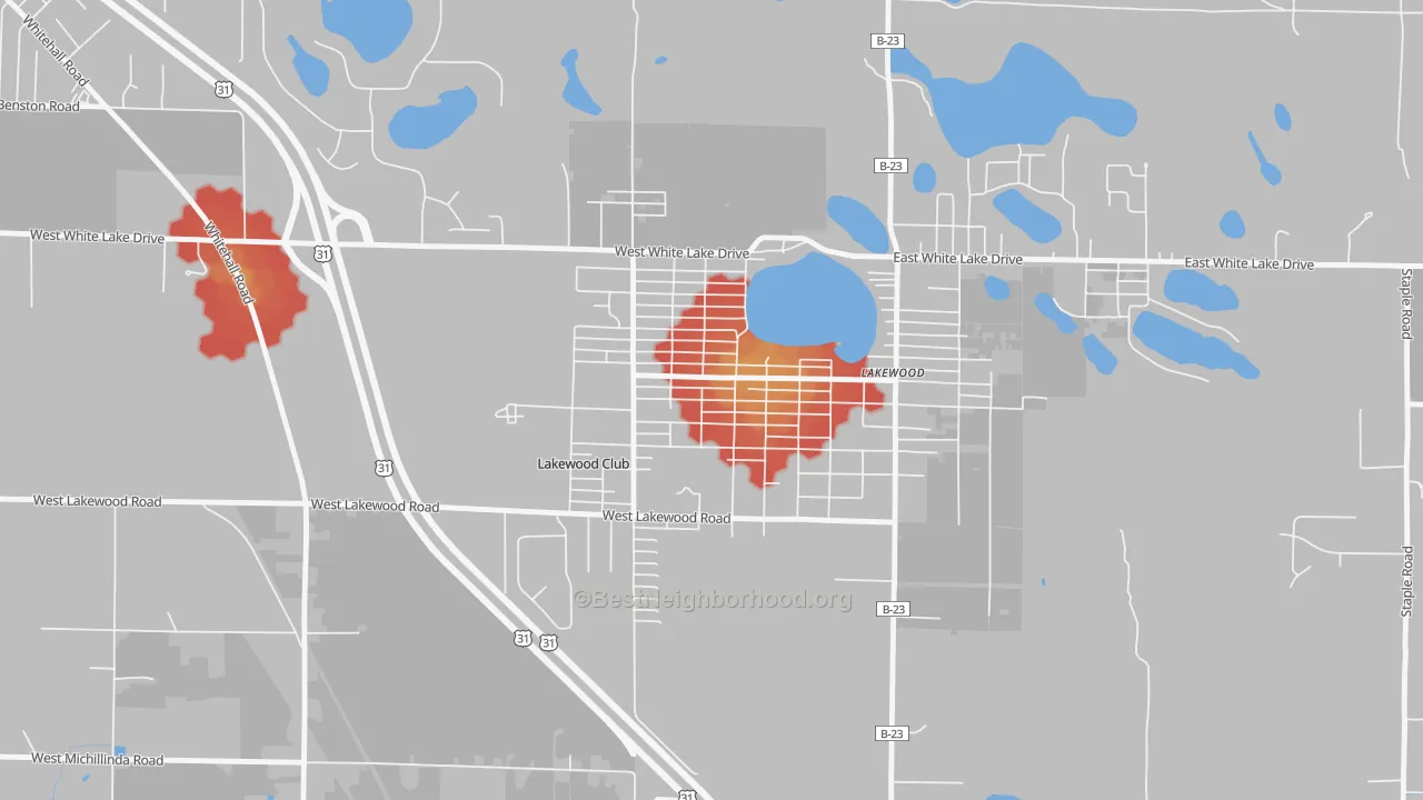 Walk Grade map of Lakewood Club, MI, walkable areas in green and car-dependent areas in red