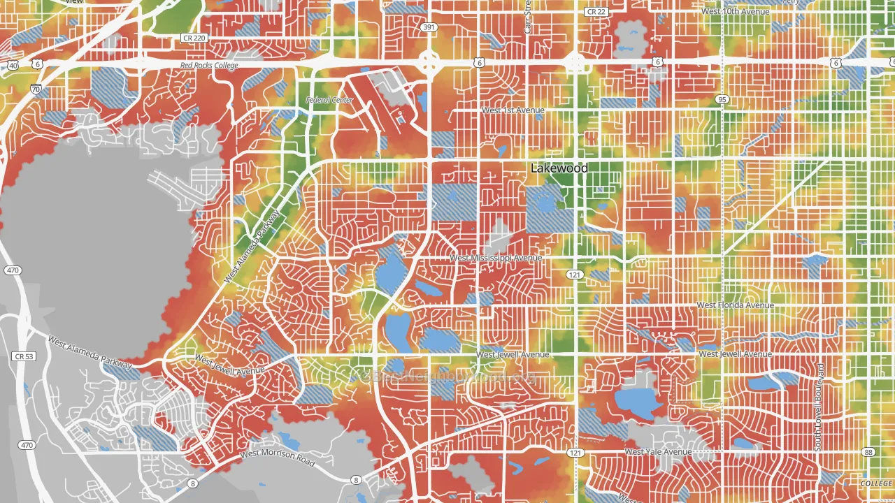Walk Grade map of Lakewood, CO, walkable areas in green and car-dependent areas in red