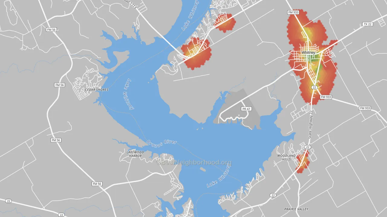 Walk Grade map of Lakewood Harbor, TX, walkable areas in green and car-dependent areas in red