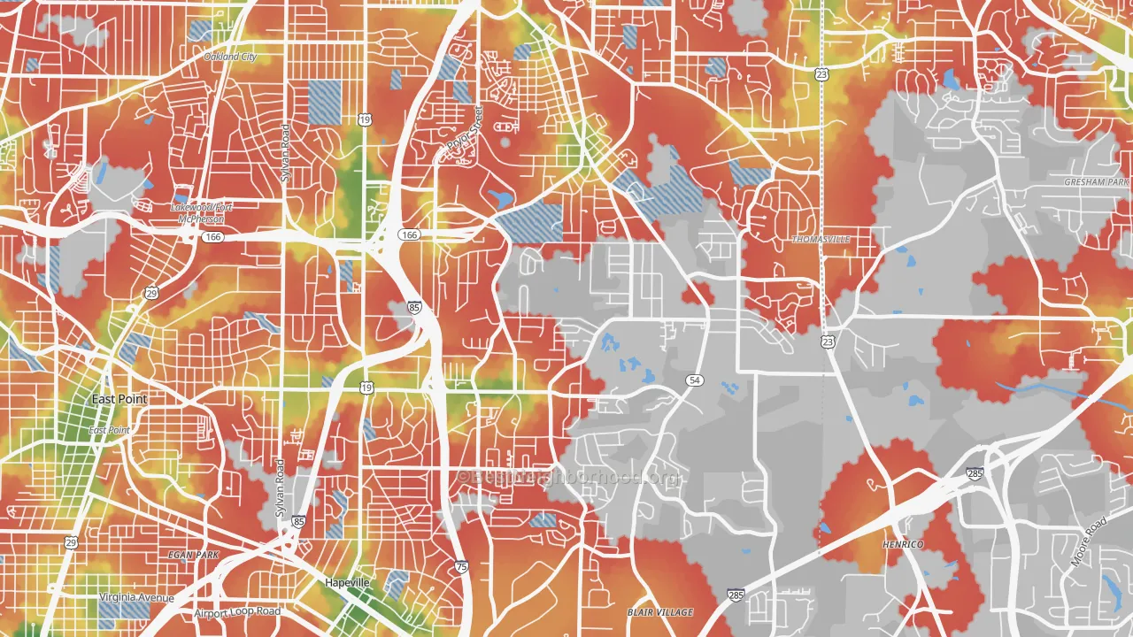 Walk Grade map of Lakewood Heights, Atlanta, GA, walkable areas in green and car-dependent areas in red