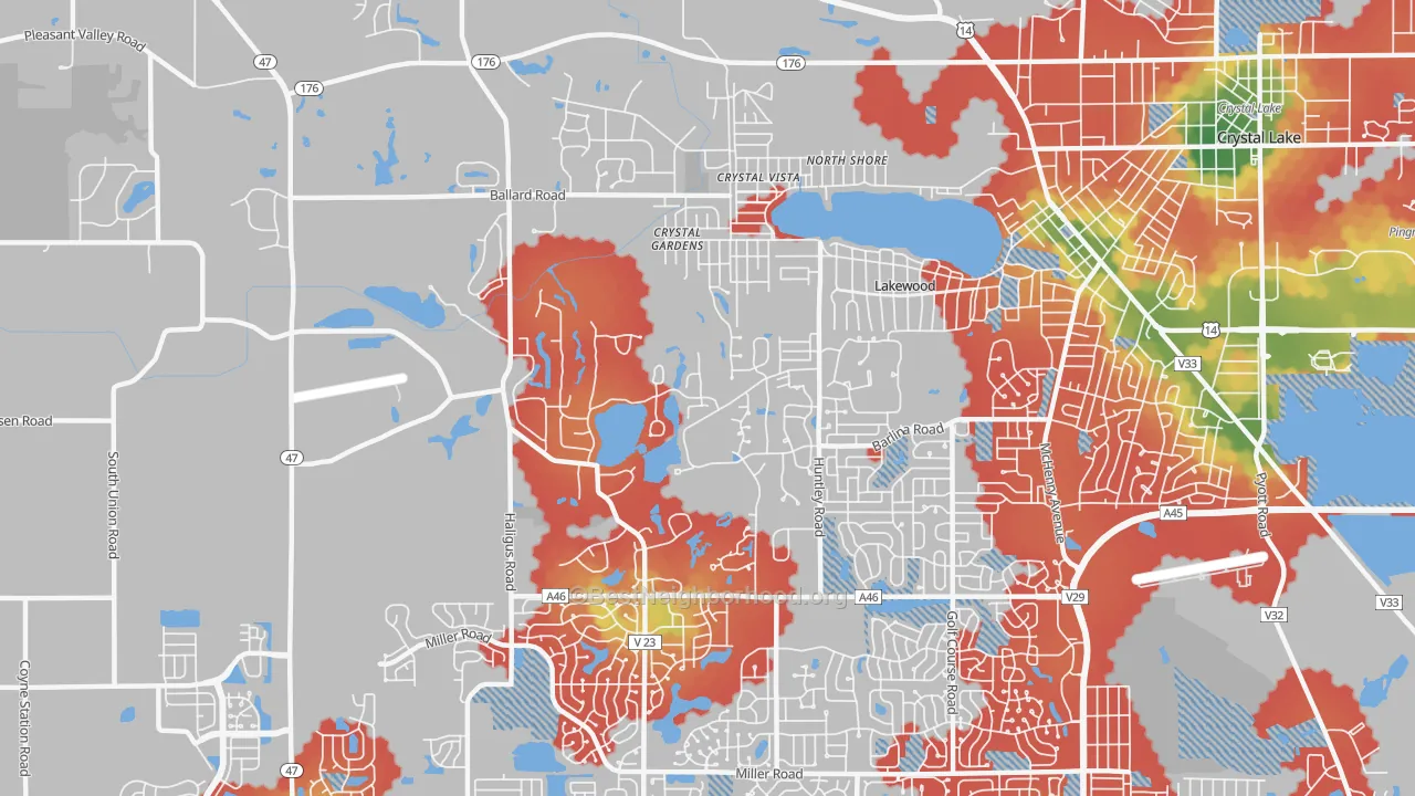 Walk Grade map of Lakewood, IL, walkable areas in green and car-dependent areas in red