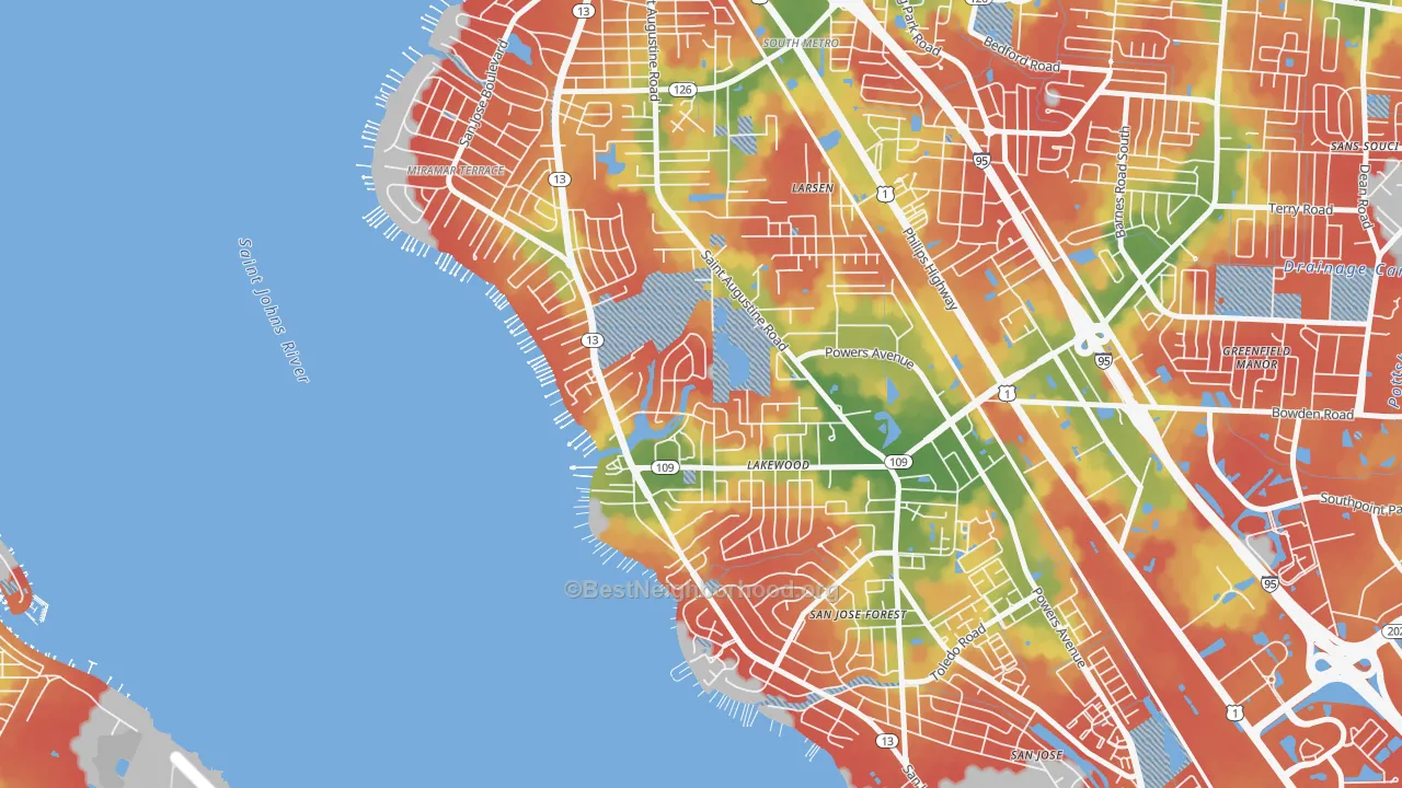 Walk Grade map of Lakewood, Jacksonville, FL, walkable areas in green and car-dependent areas in red