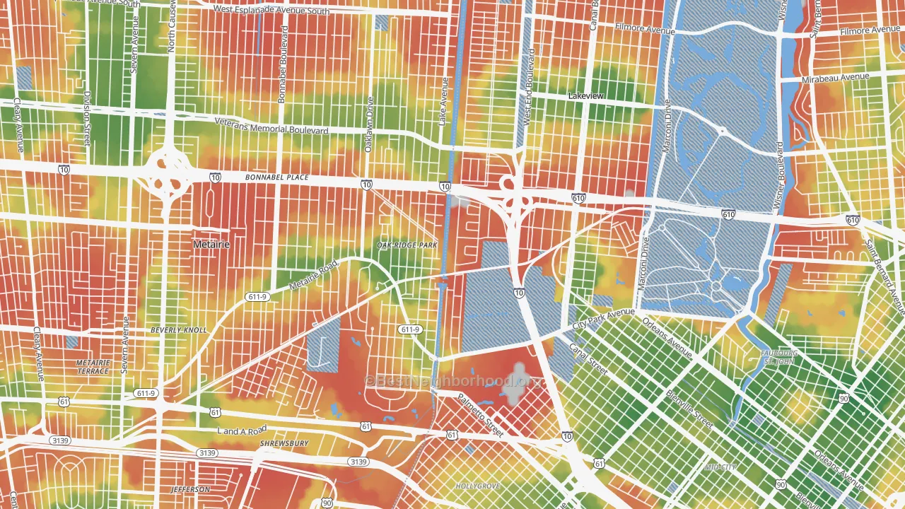 Walk Grade map of Lakewood, New Orleans, LA, walkable areas in green and car-dependent areas in red