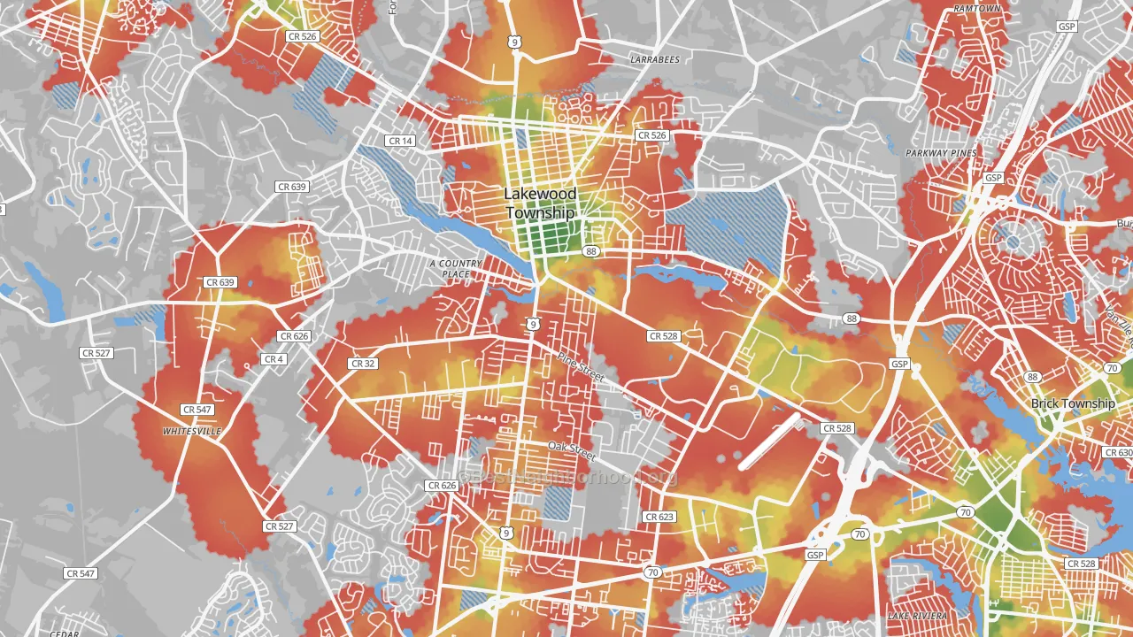 Walk Grade map of Lakewood, NJ, walkable areas in green and car-dependent areas in red