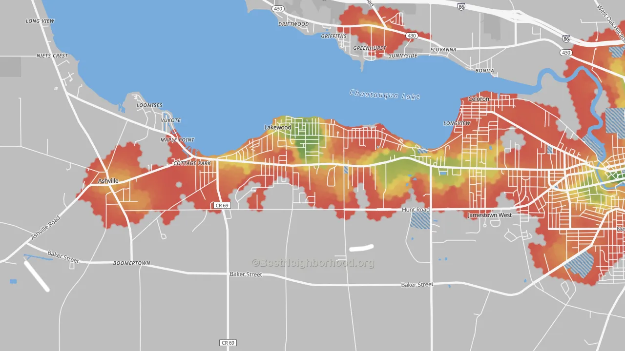 Walk Grade map of Lakewood, NY, walkable areas in green and car-dependent areas in red