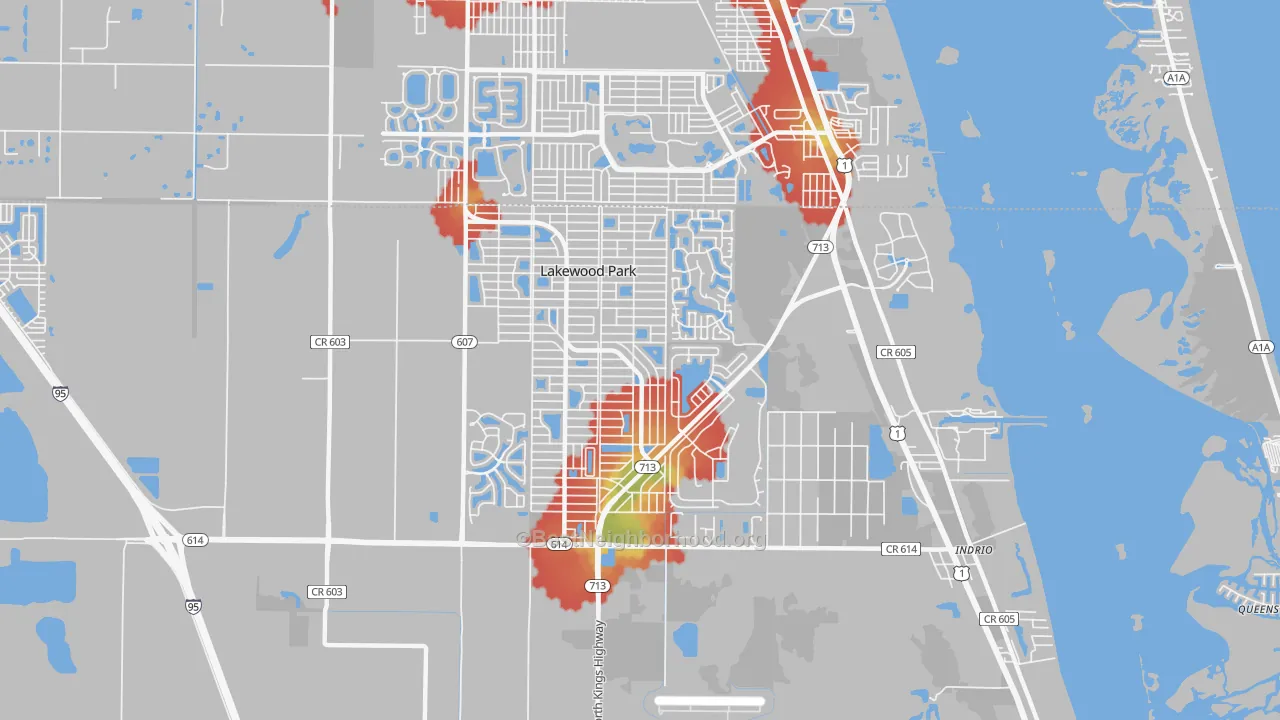 Walk Grade map of Lakewood Park, FL, walkable areas in green and car-dependent areas in red