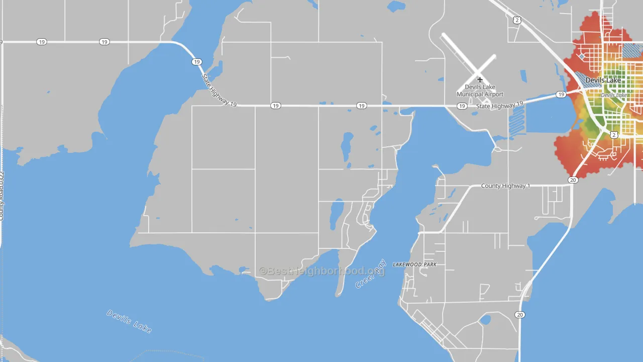 Walk Grade map of Lakewood Park, ND, walkable areas in green and car-dependent areas in red
