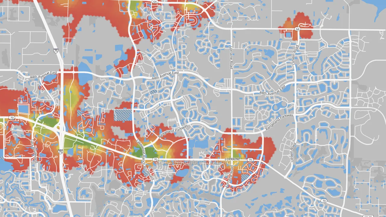 Walk Grade map of Lakewood Ranch, Bradenton, FL, walkable areas in green and car-dependent areas in red