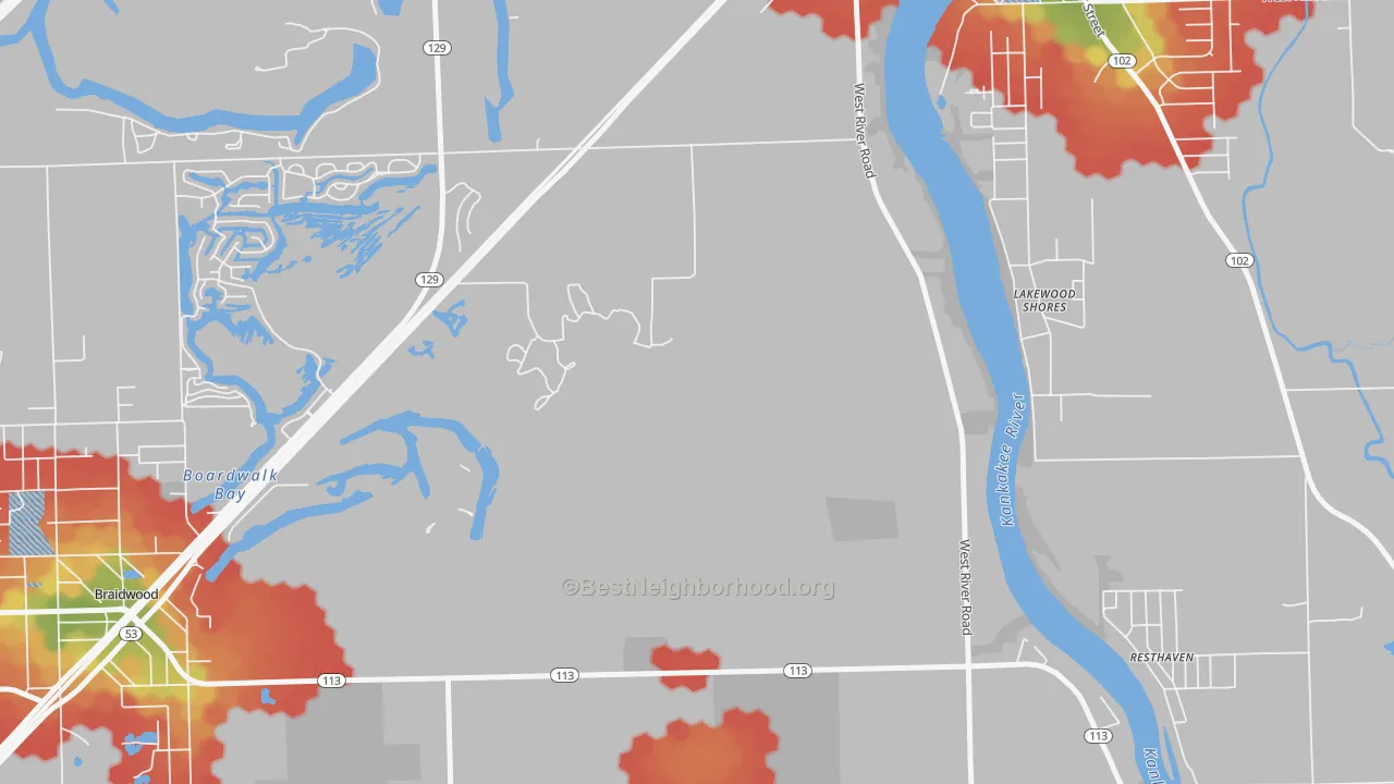 Walk Grade map of Lakewood Shores, IL, walkable areas in green and car-dependent areas in red