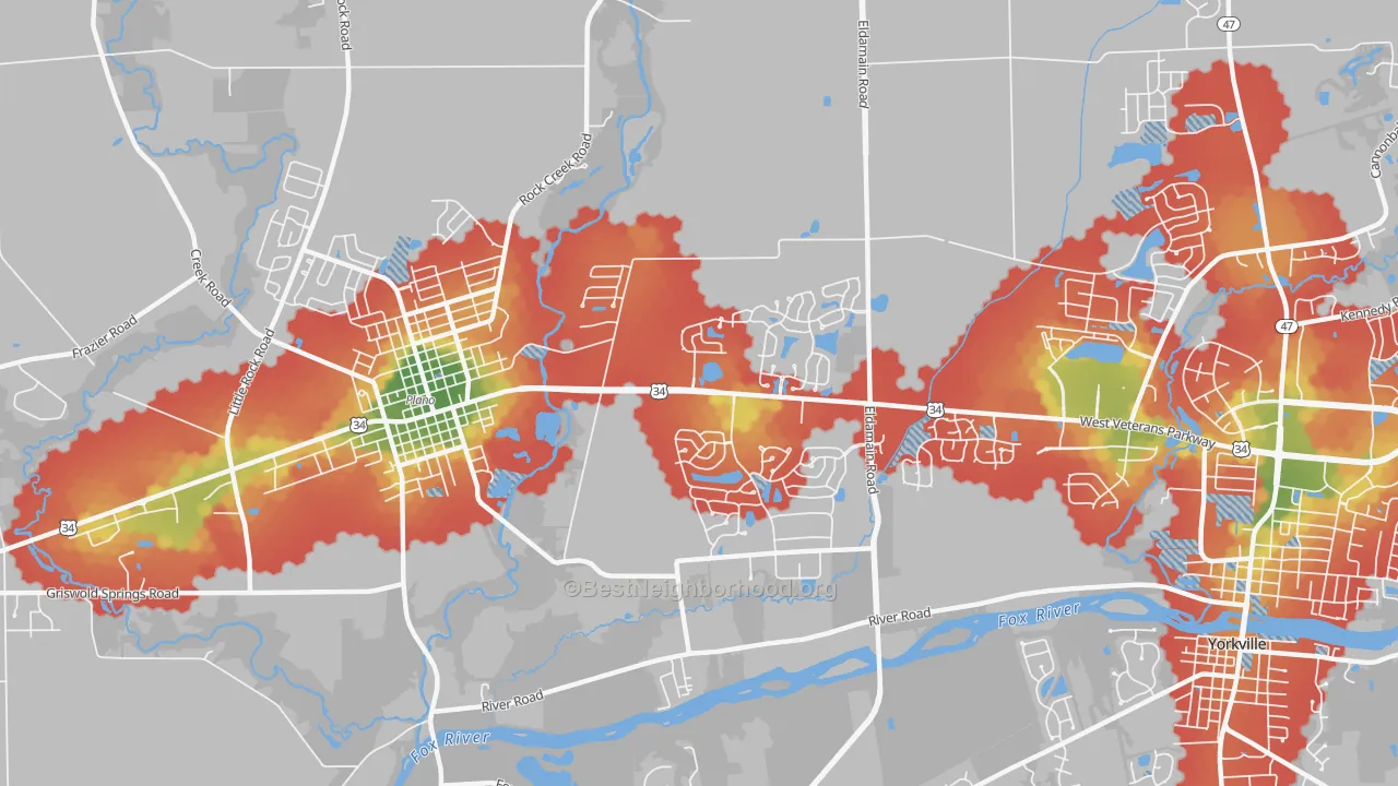 Walk Grade map of Lakewood Springs, Plano, IL, walkable areas in green and car-dependent areas in red