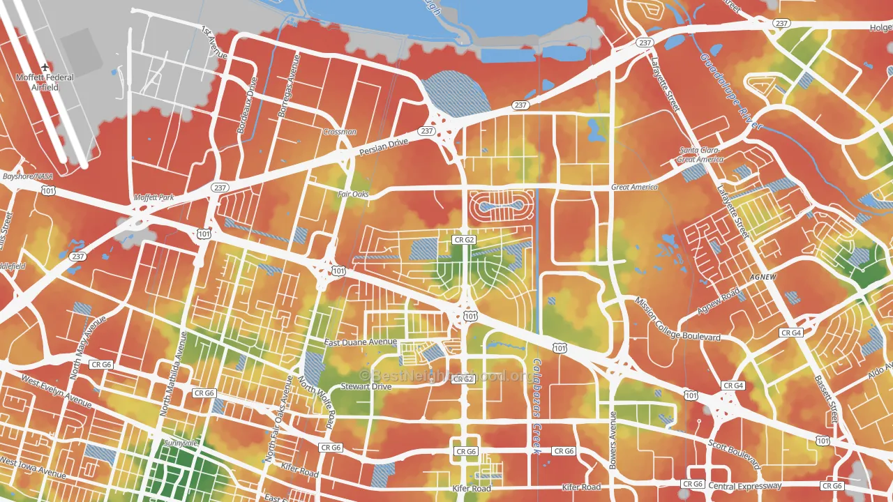 Walk Grade map of Lakewood, Sunnyvale, CA, walkable areas in green and car-dependent areas in red