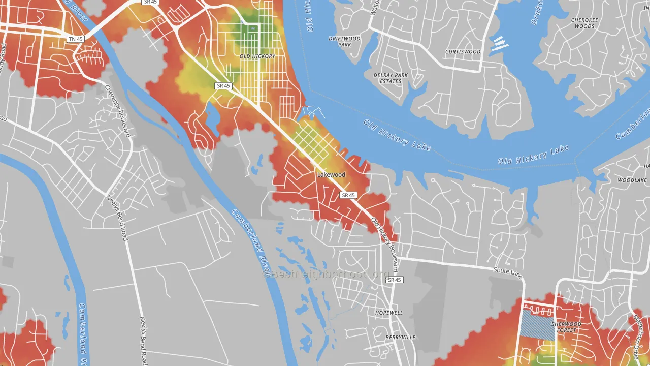 Walk Grade map of Lakewood, TN, walkable areas in green and car-dependent areas in red
