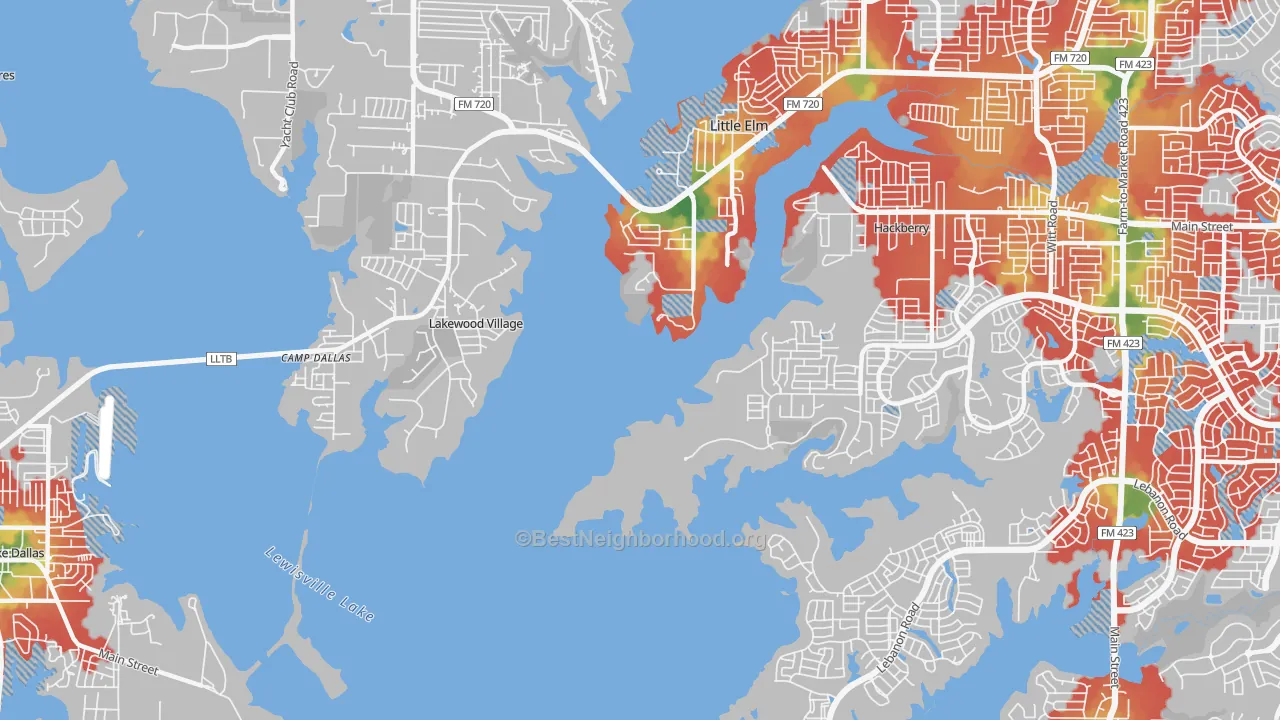 Walk Grade map of Lakewood Village, TX, walkable areas in green and car-dependent areas in red