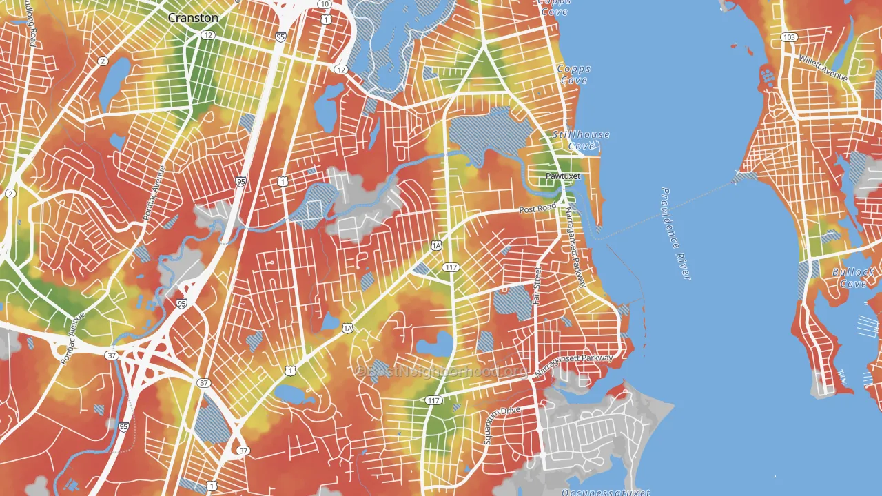 Walk Grade map of Lakewood, Warwick, RI, walkable areas in green and car-dependent areas in red
