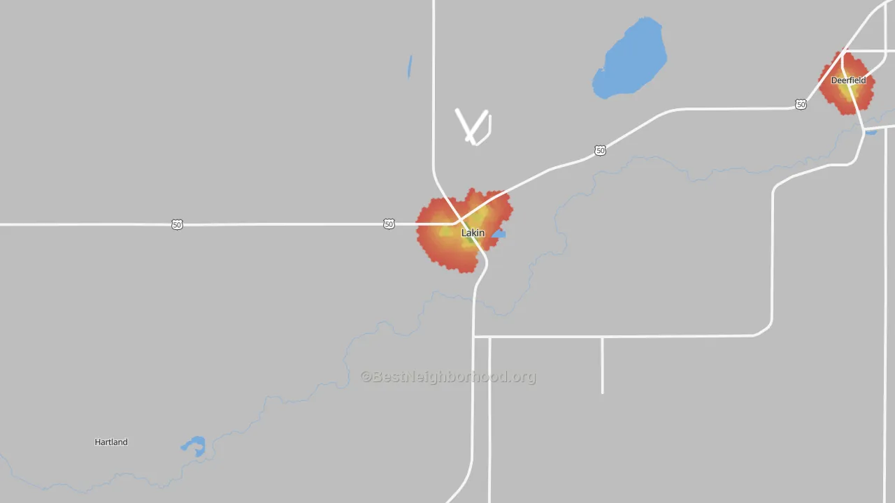 Walk Grade map of Lakin, KS, walkable areas in green and car-dependent areas in red