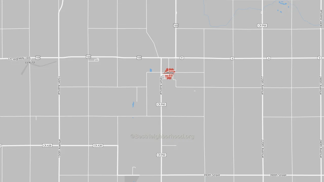 Walk Grade map of Lakota, IA, walkable areas in green and car-dependent areas in red