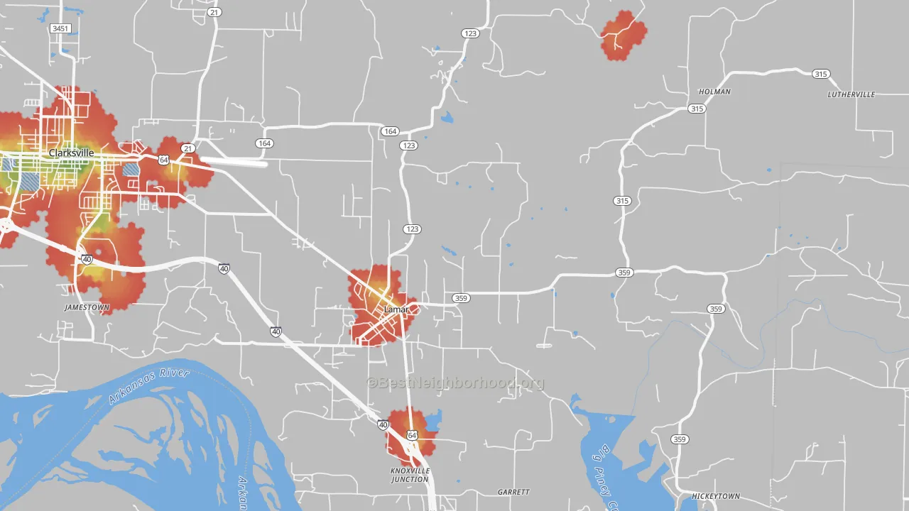 Walk Grade map of Lamar, AR, walkable areas in green and car-dependent areas in red