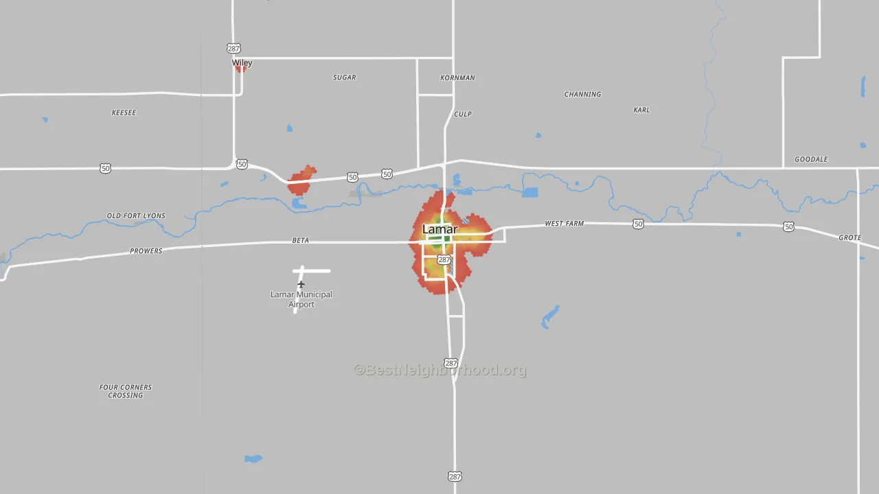 Walk Grade map of Lamar, CO, walkable areas in green and car-dependent areas in red