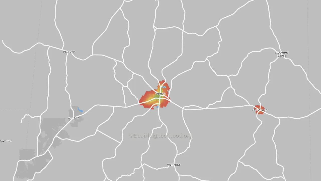 Walk Grade map of Lamar County, AL, walkable areas in green and car-dependent areas in red