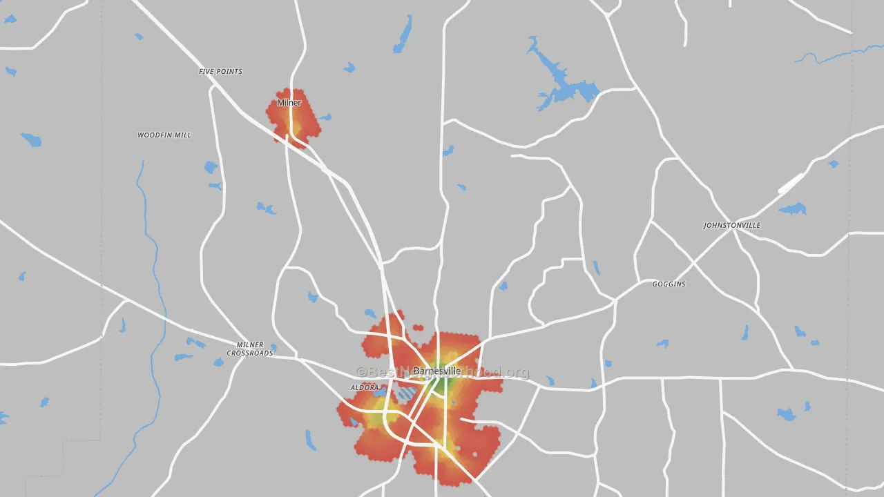 Walk Grade map of Lamar County, GA, walkable areas in green and car-dependent areas in red