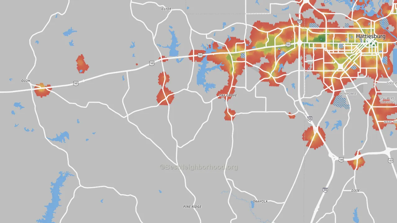 Walk Grade map of Lamar County, MS, walkable areas in green and car-dependent areas in red