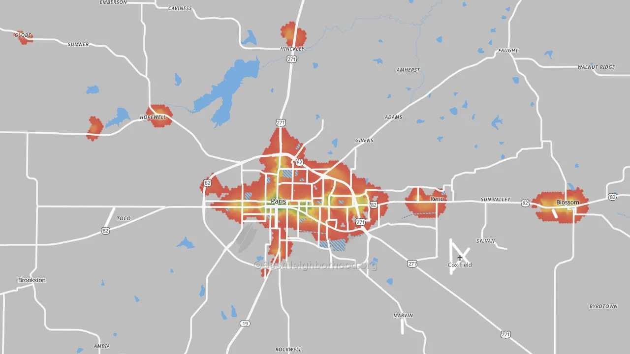 Walk Grade map of Lamar County, TX, walkable areas in green and car-dependent areas in red