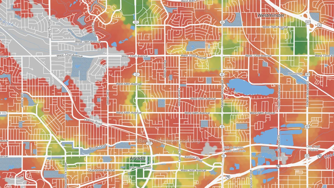 Walk Grade map of Lamar Heights Area, Arvada, CO, walkable areas in green and car-dependent areas in red