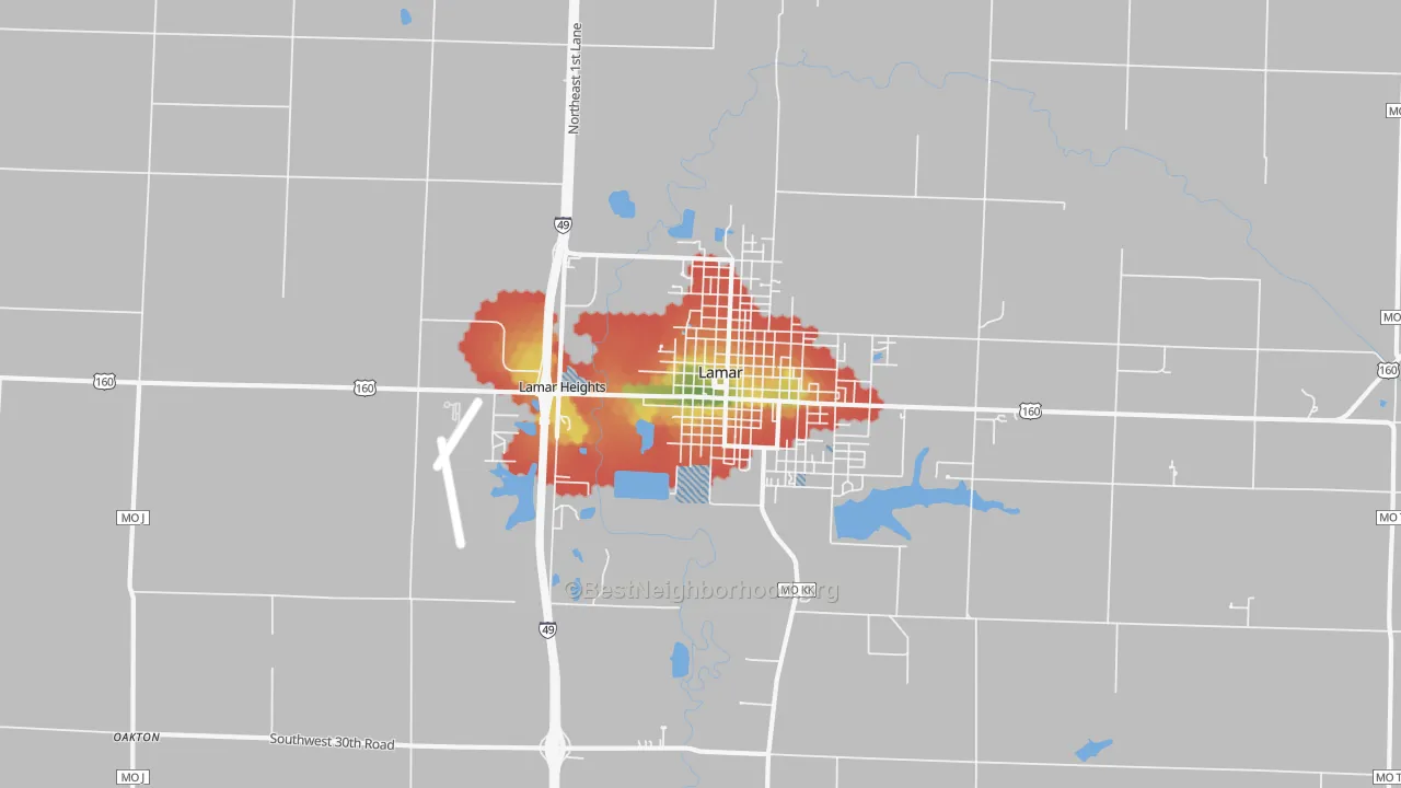 Walk Grade map of Lamar Heights, MO, walkable areas in green and car-dependent areas in red