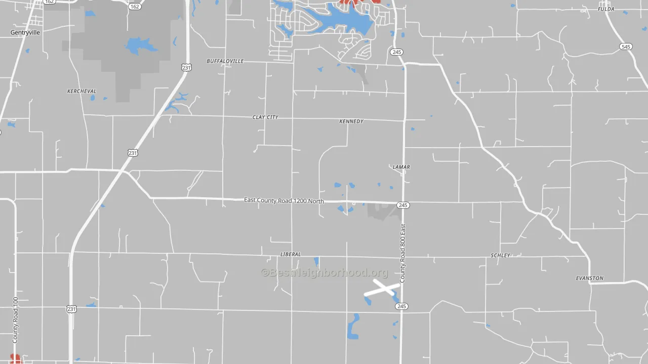 Walk Grade map of Lamar, IN, walkable areas in green and car-dependent areas in red