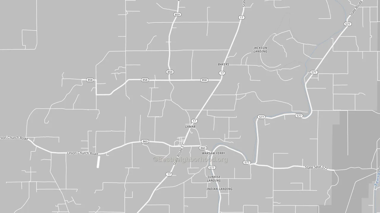 Walk Grade map of Lamar, LA, walkable areas in green and car-dependent areas in red