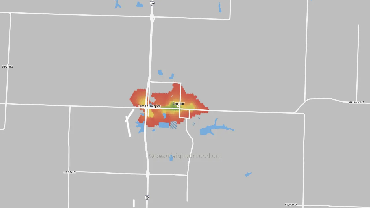 Walk Grade map of Lamar, MO, walkable areas in green and car-dependent areas in red