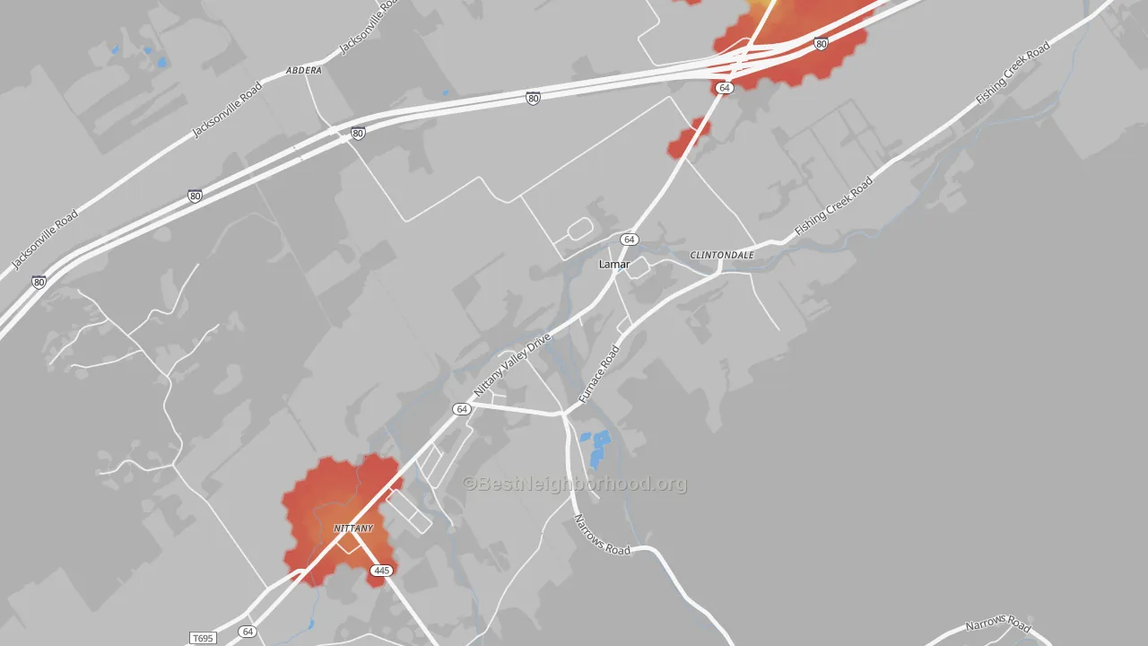 Walk Grade map of Lamar, PA, walkable areas in green and car-dependent areas in red