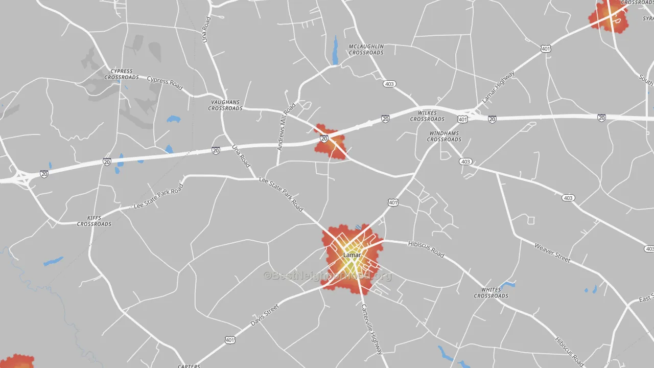 Walk Grade map of Lamar, SC, walkable areas in green and car-dependent areas in red