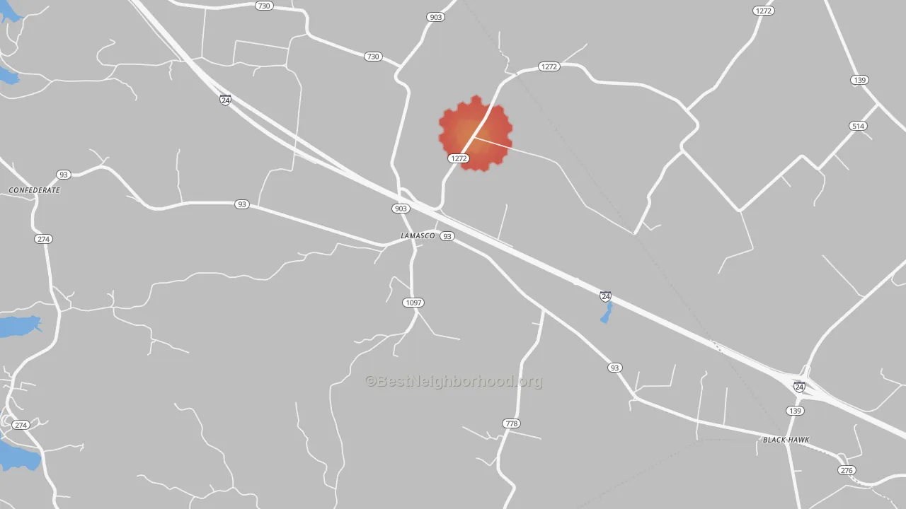 Walk Grade map of Lamasco, KY, walkable areas in green and car-dependent areas in red